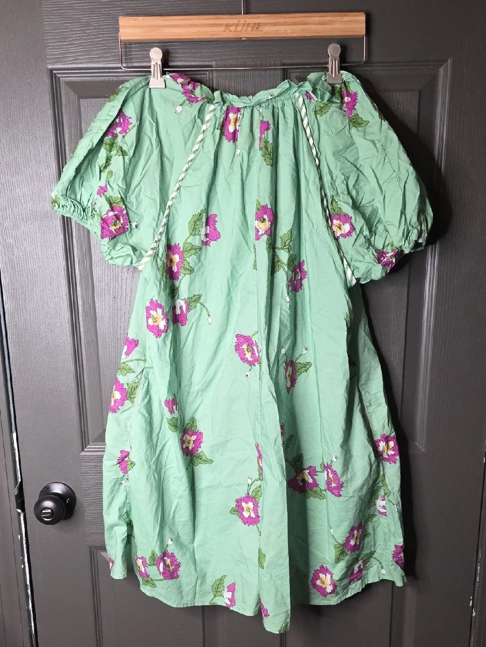 Entro Green Floral Peasant Dress with Puff Sleeves Size Small
